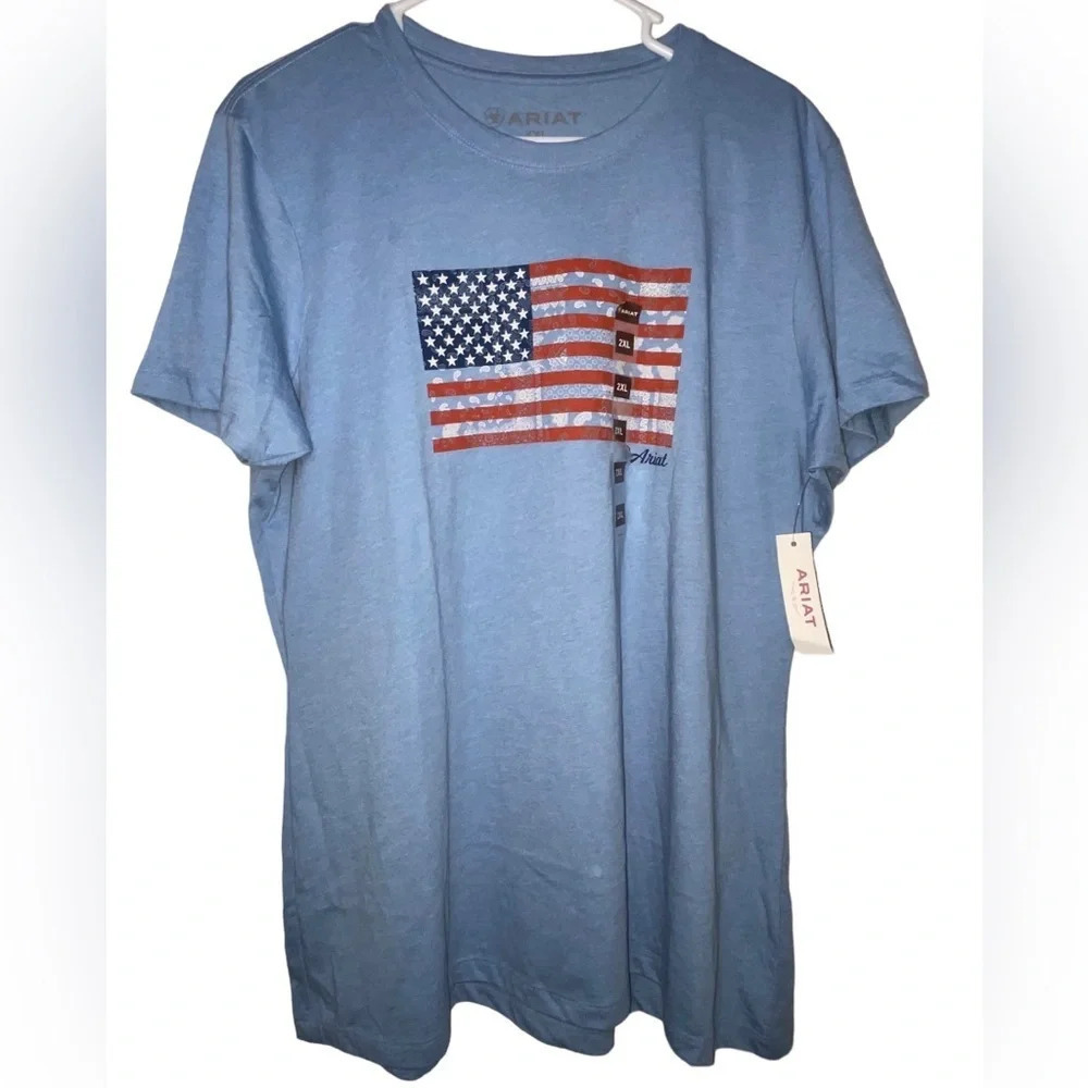 Ariat Paisley American Flag T Shirt Womens Size 2xl Light Blue Heather USA Proud